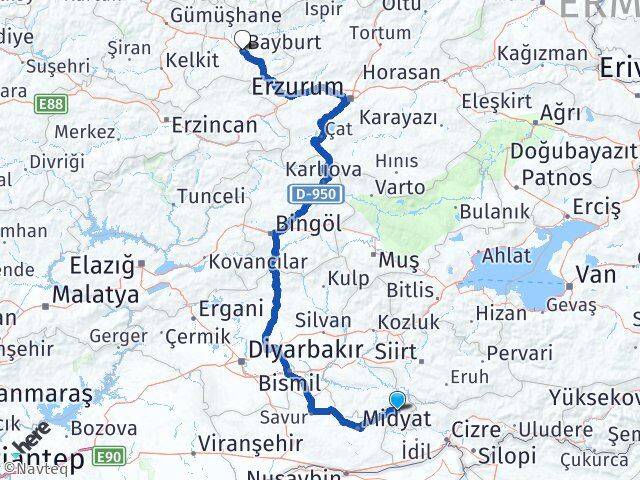 Mardin Dargeçit Bayburt Arası Kaç Km - Yol Haritası