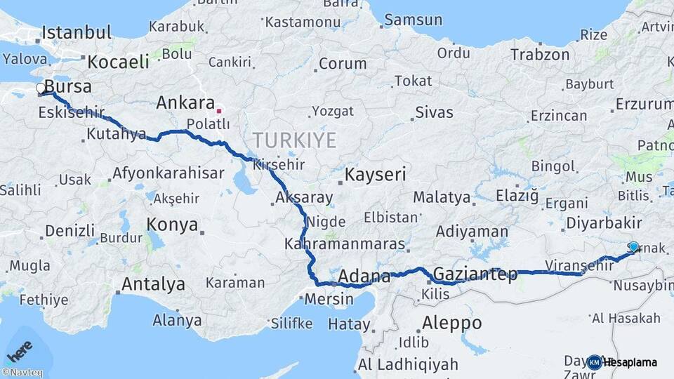 Mardin Dargeçit Bursa Arası Kaç Km - Yol Haritası