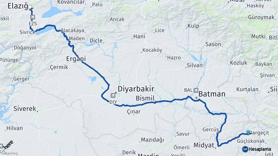 Mardin Dargeçit Elazığ Arası Kaç Km - Yol Haritası