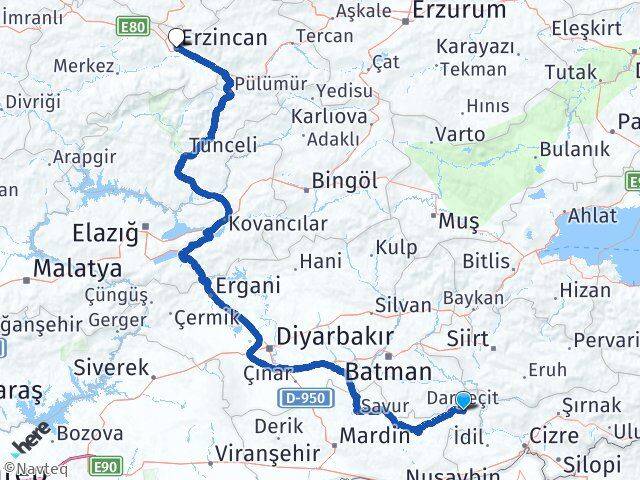 Mardin Dargeçit Erzincan Arası Kaç Km - Yol Haritası