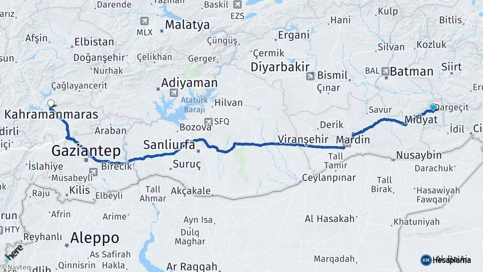 Mardin Dargeçit Kahramanmaraş Arası Kaç Km - Yol Haritası