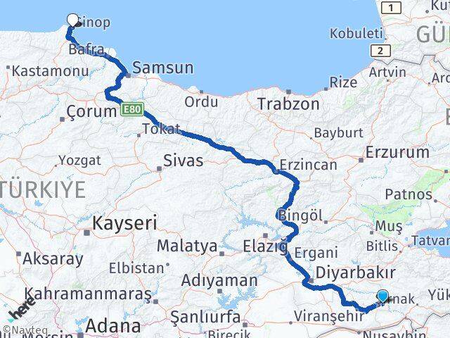 Mardin Dargeçit Sinop Arası Kaç Km - Yol Haritası