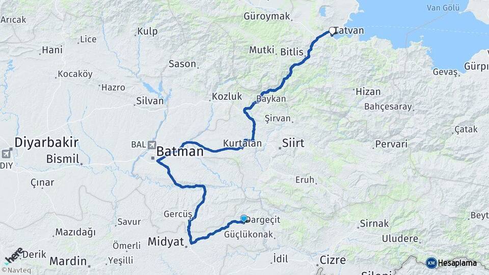 Mardin Dargeçit Tatvan Bitlis Arası Kaç Km - Yol Haritası