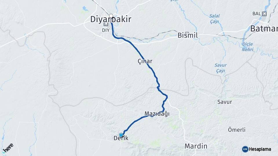 Mardin Derik Diyarbakır Arası Kaç Km - Yol Haritası