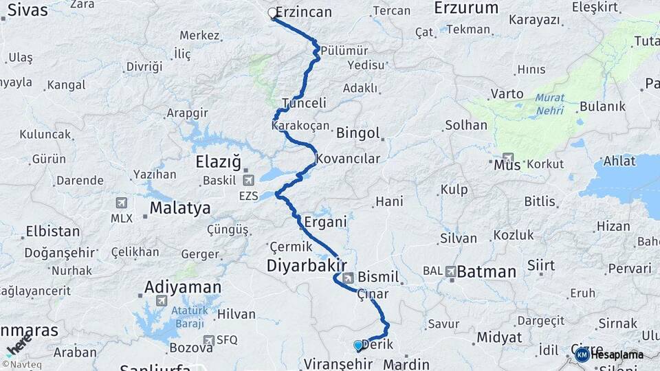 Mardin Derik Erzincan Arası Kaç Km - Yol Haritası