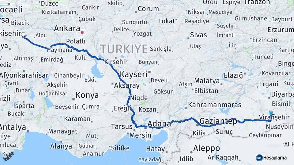 Mardin Derik Eskişehir Arası Kaç Km - Yol Haritası