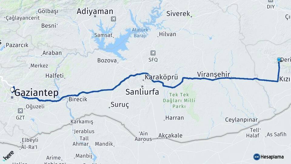 Mardin Derik Gaziantep Arası Kaç Km - Yol Haritası