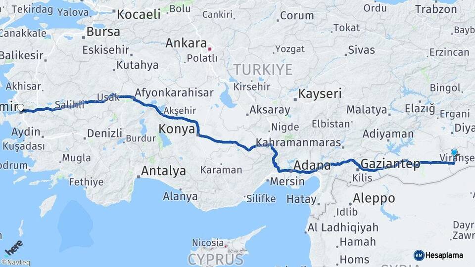 Mardin Derik İzmir Arası Kaç Km - Yol Haritası
