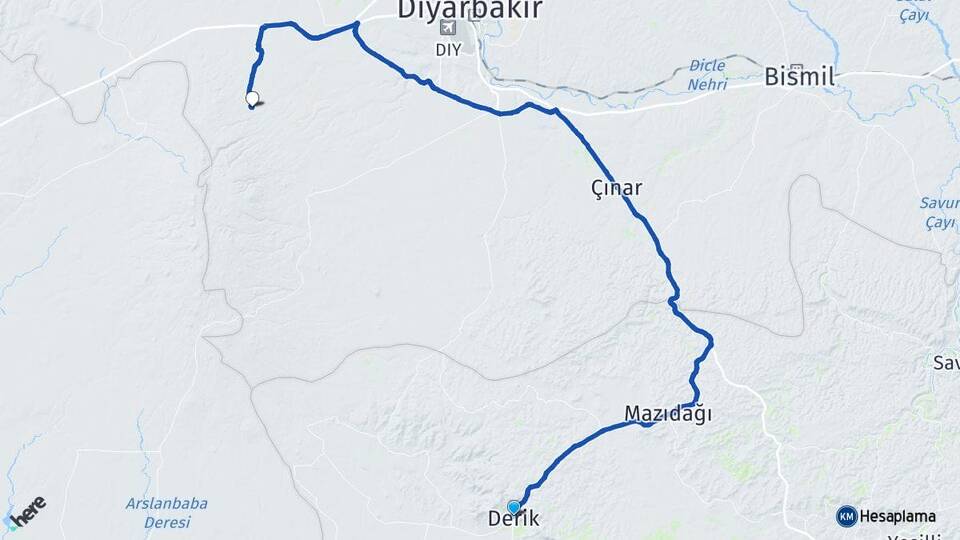 Mardin Derik Karacadağ Bağlar Diyarbakır Arası Kaç Km - Yol Haritası