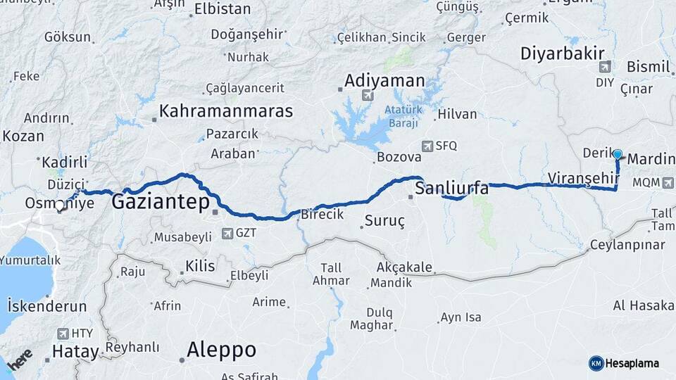 Mardin Derik Osmaniye Arası Kaç Km - Yol Haritası
