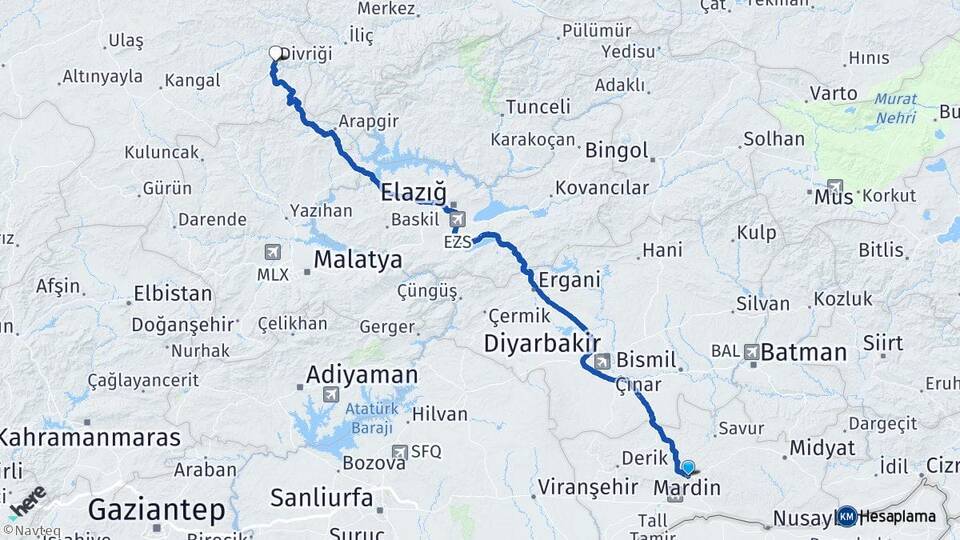 Mardin Divriği Sivas Arası Kaç Km - Yol Haritası