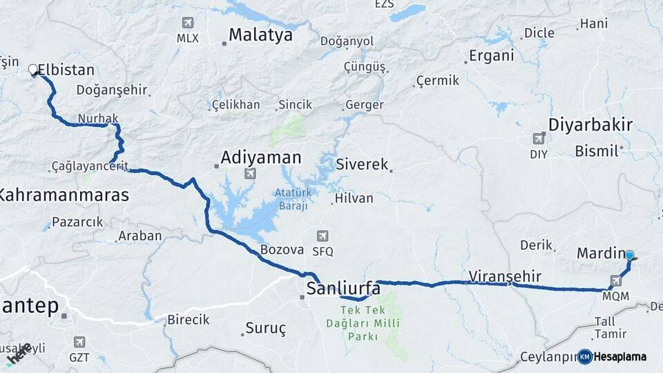 Mardin Elbistan Kahramanmaraş Arası Kaç Km - Yol Haritası