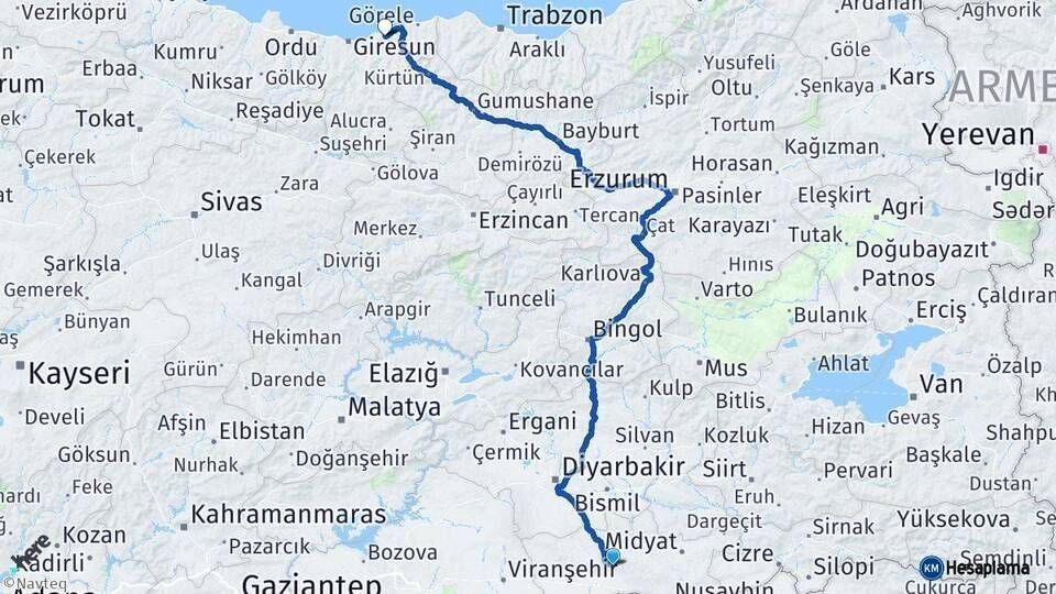 Mardin Espiye Giresun Arası Kaç Km - Yol Haritası
