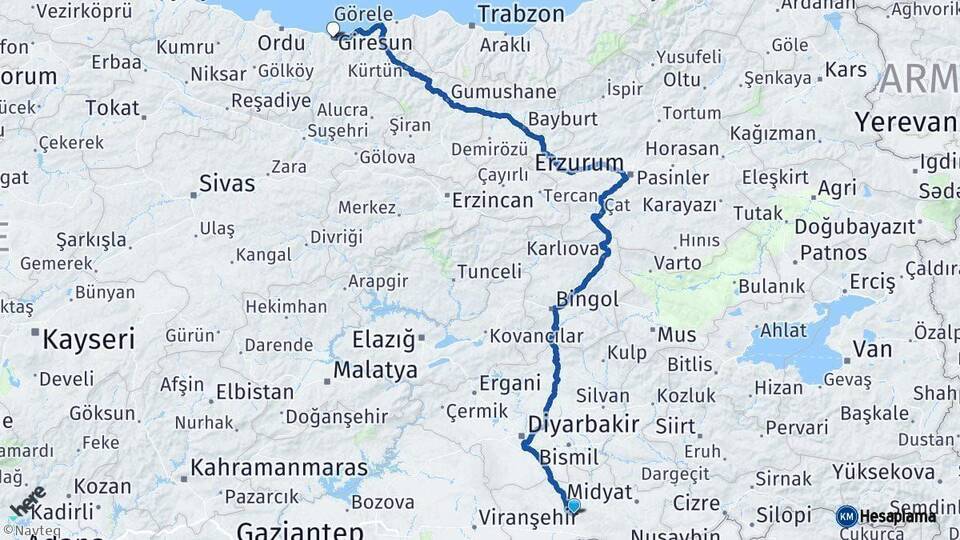 Mardin Giresun Arası Kaç Km - Yol Haritası
