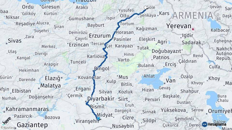 Mardin Göle Ardahan Arası Kaç Km - Yol Haritası