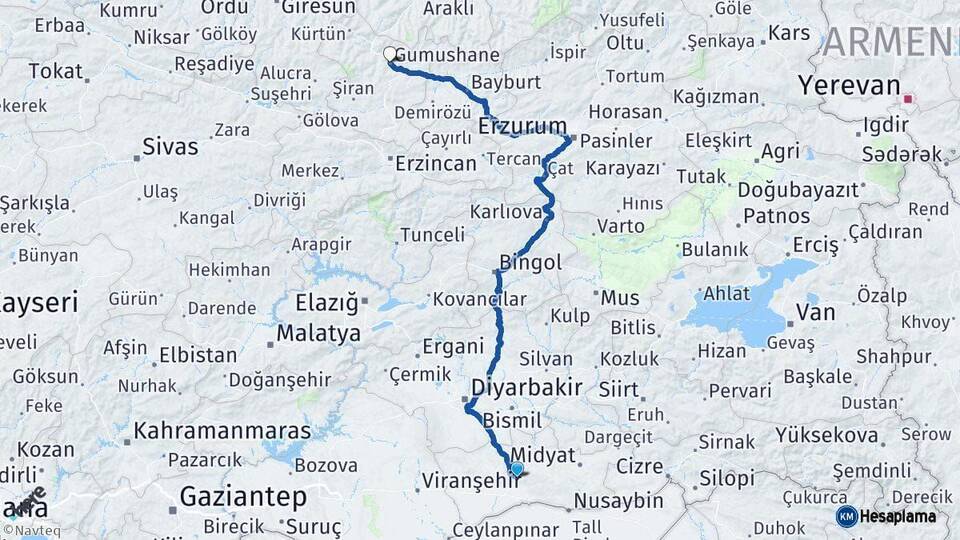 Mardin Gümüşhane Arası Kaç Km - Yol Haritası