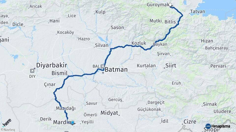 Mardin Güroymak Bitlis Arası Kaç Km - Yol Haritası