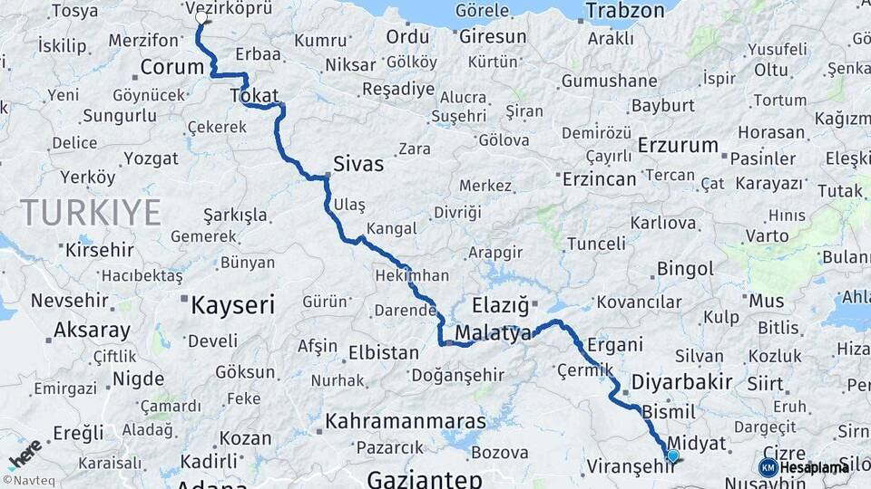 Mardin Havza Samsun Arası Kaç Km - Yol Haritası