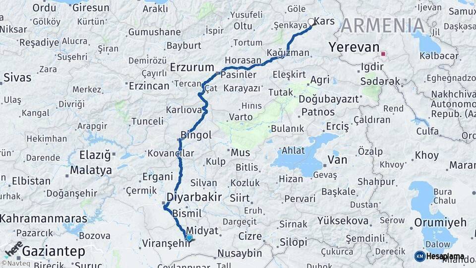 Mardin Kars Arası Kaç Km - Yol Haritası