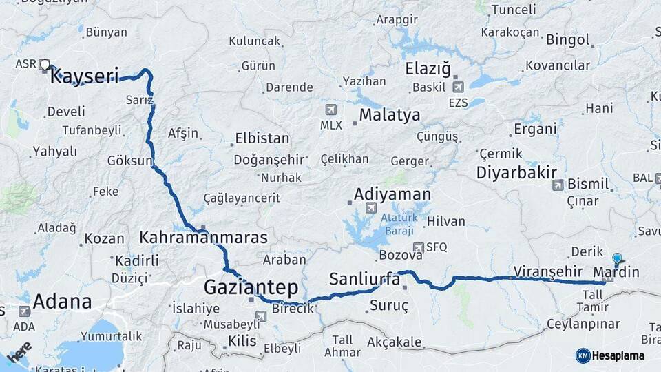 Mardin Kayseri Arası Kaç Km - Yol Haritası