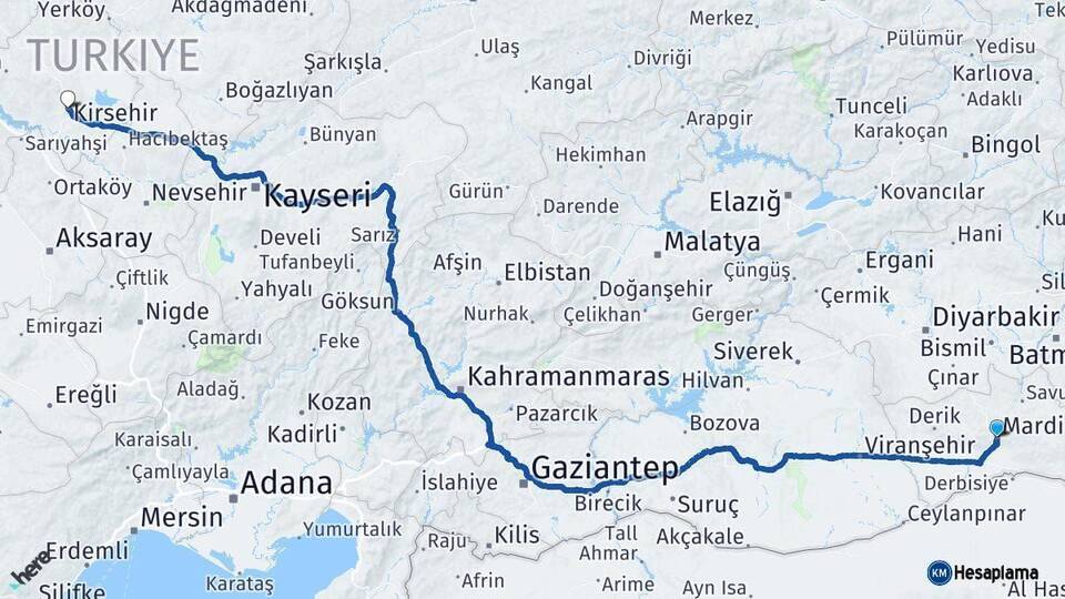 Mardin Kırşehir Arası Kaç Km - Yol Haritası
