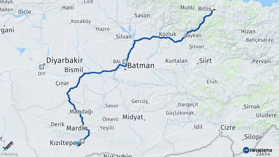 Mardin Kızıltepe Bitlis Arası Kaç Km - Yol Haritası