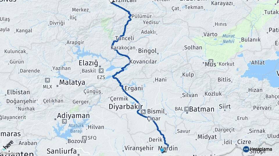 Mardin Kızıltepe Erzincan Arası Kaç Km - Yol Haritası