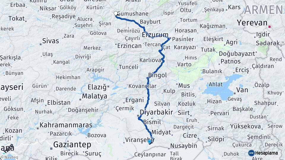 Mardin Kızıltepe Gümüşhane Arası Kaç Km - Yol Haritası