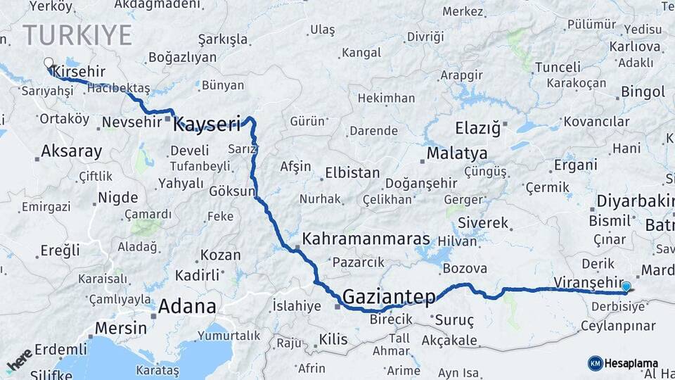Mardin Kızıltepe Kırşehir Arası Kaç Km - Yol Haritası
