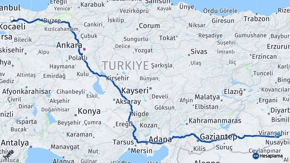 Mardin Kızıltepe Kocaeli Arası Kaç Km - Yol Haritası