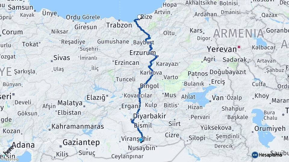Mardin Kızıltepe Rize Arası Kaç Km - Yol Haritası