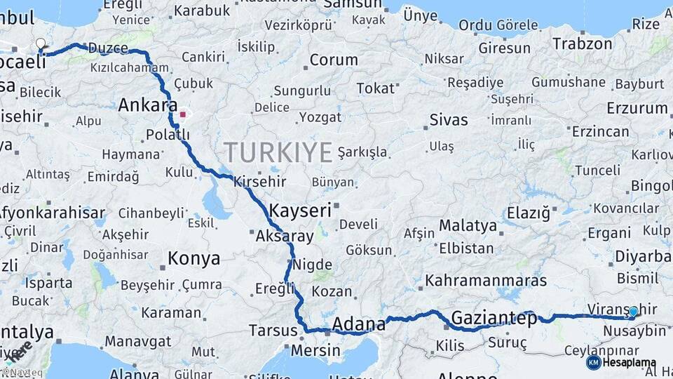 Mardin Kızıltepe Sakarya Arası Kaç Km - Yol Haritası