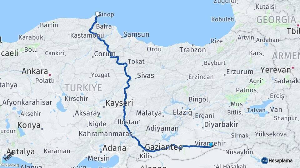 Mardin Kızıltepe Sinop Arası Kaç Km - Yol Haritası