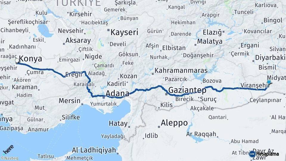 Mardin Konya Arası Kaç Km - Yol Haritası