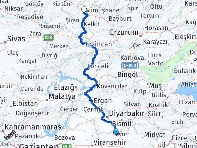 Mardin Mazıdağı Gümüşhane Arası Kaç Km - Yol Haritası