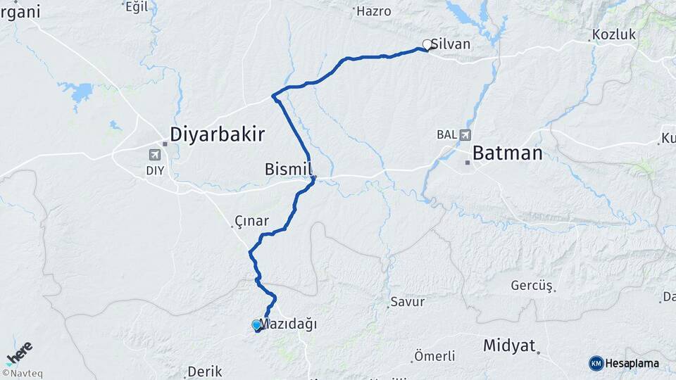 Mardin Mazıdağı Silvan Diyarbakır Arası Kaç Km - Yol Haritası