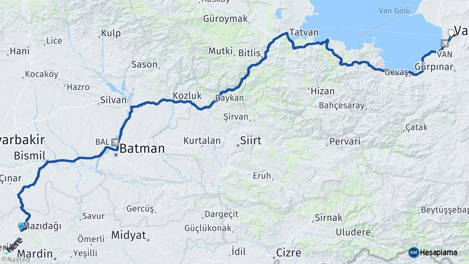 Mardin Mazıdağı Van Arası Kaç Km - Yol Haritası