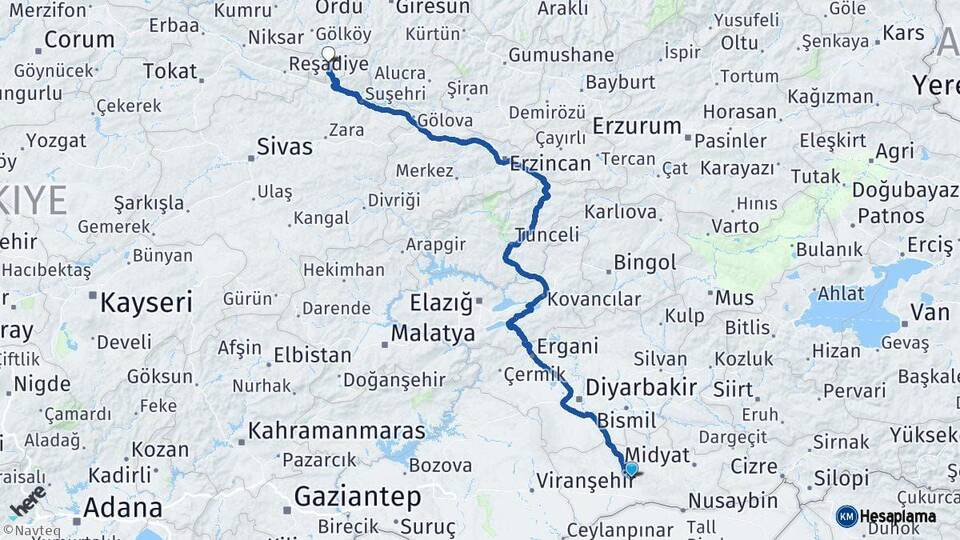 Mardin Mesudiye Ordu Arası Kaç Km - Yol Haritası
