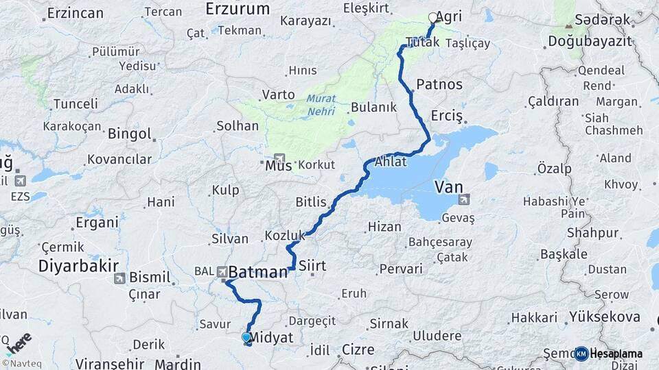 Mardin Midyat Ağrı Arası Kaç Km - Yol Haritası