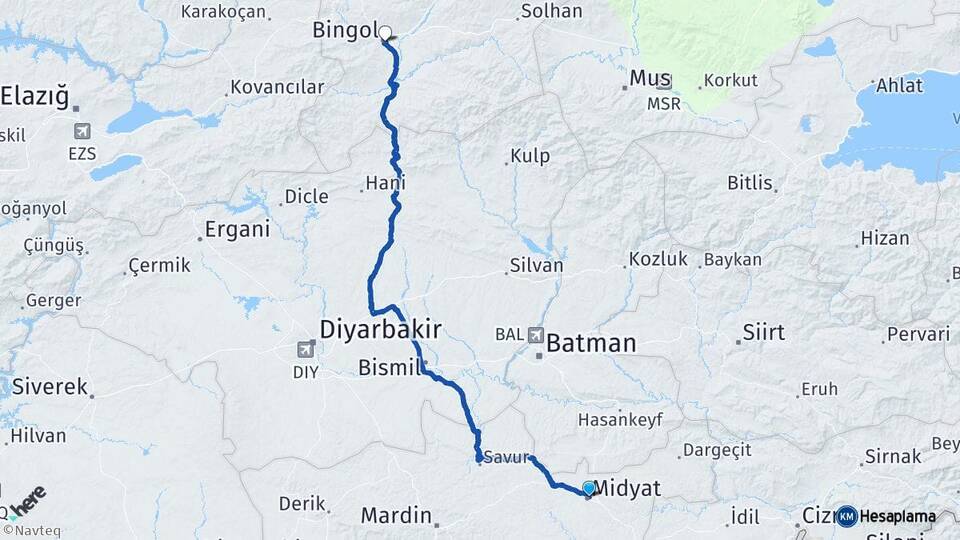 Mardin Midyat Bingöl Arası Kaç Km - Yol Haritası