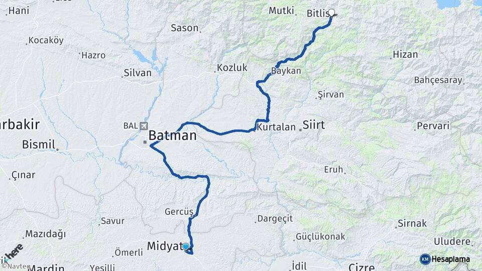 Mardin Midyat Bitlis Arası Kaç Km - Yol Haritası