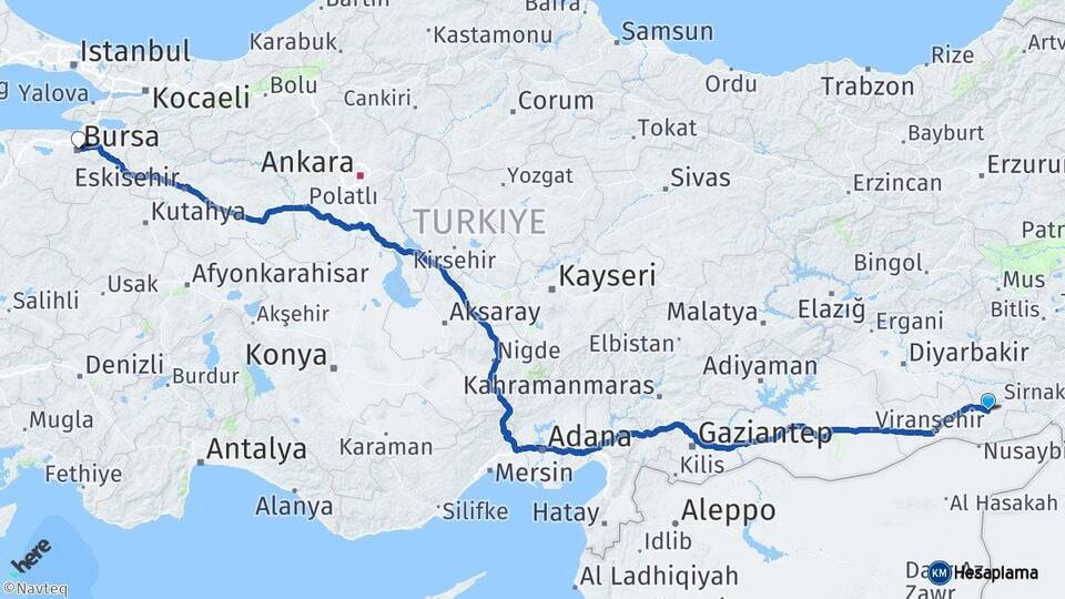 Mardin Midyat Bursa Arası Kaç Km - Yol Haritası