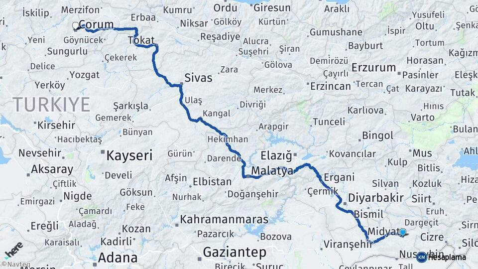 Mardin Midyat Çorum Arası Kaç Km - Yol Haritası