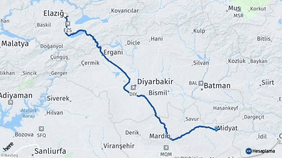 Mardin Midyat Elazığ Arası Kaç Km - Yol Haritası