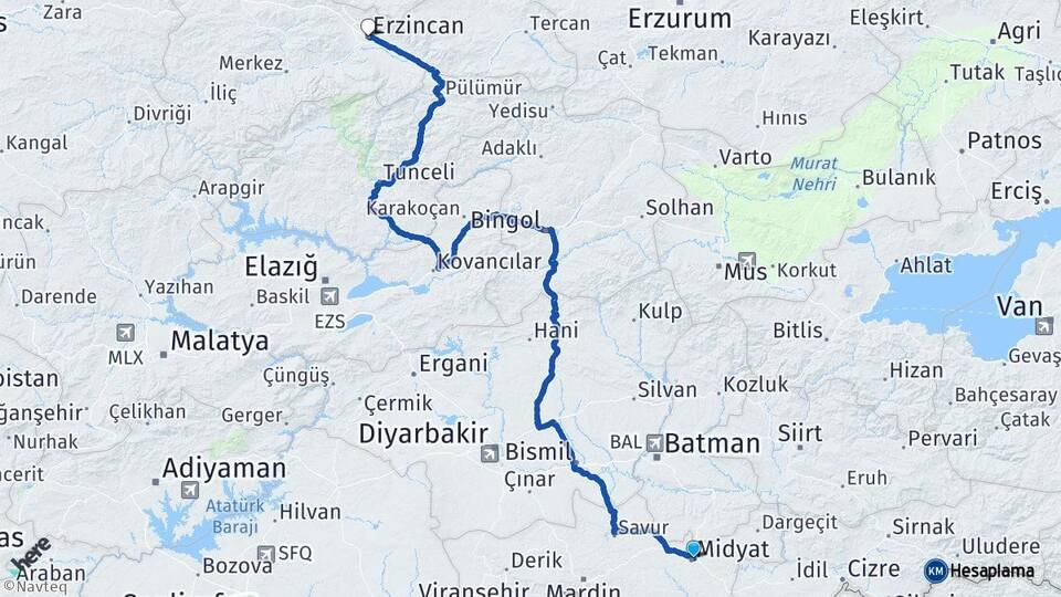 Mardin Midyat Erzincan Arası Kaç Km - Yol Haritası