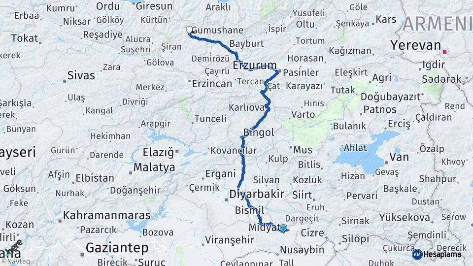 Mardin Midyat Gümüşhane Arası Kaç Km - Yol Haritası