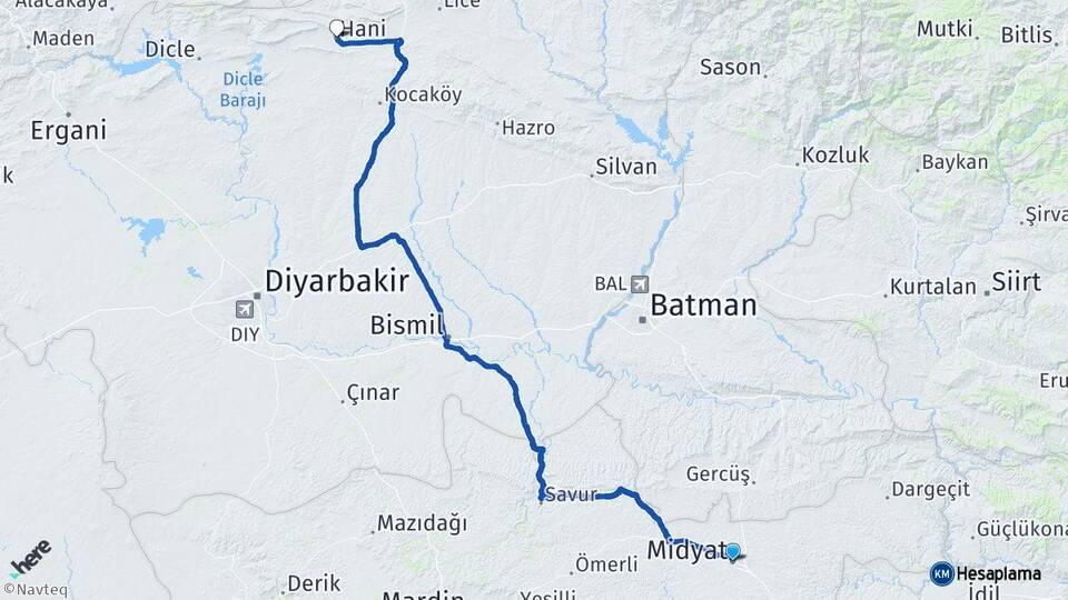 Mardin Midyat Hani Diyarbakır Arası Kaç Km - Yol Haritası