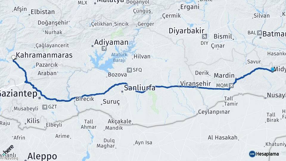 Mardin Midyat Kahramanmaraş Arası Kaç Km - Yol Haritası