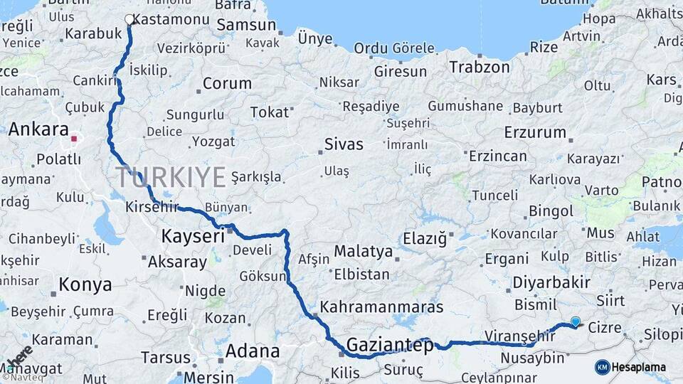 Mardin Midyat Kastamonu Arası Kaç Km - Yol Haritası
