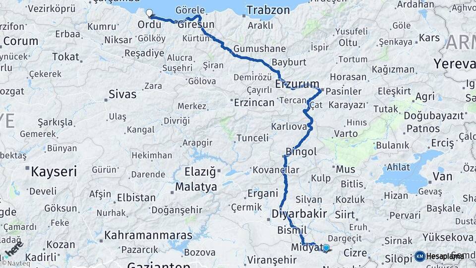 Mardin Midyat Ordu Arası Kaç Km - Yol Haritası